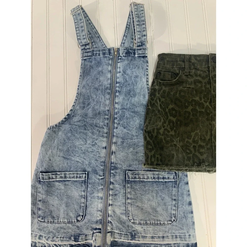 Tractr Skirt Dress Set Girls Medium Blue Olive Leopard Acid Wash Denim Y2K 2pc